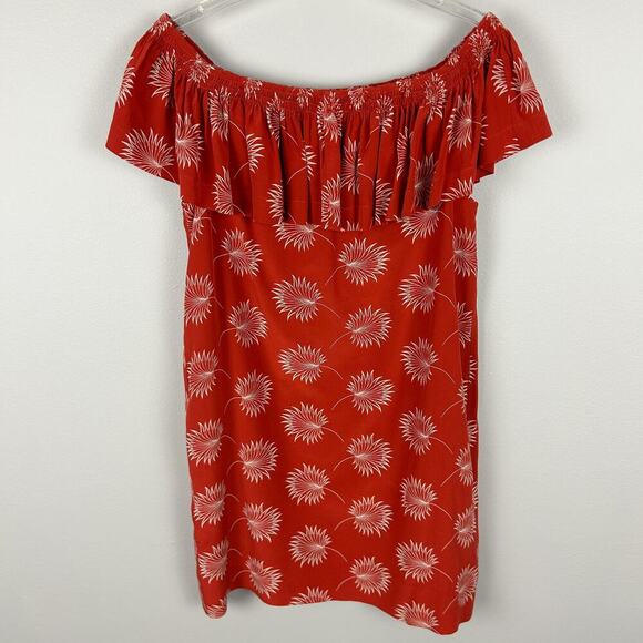 Madewell Palm Leaf Off Shoulder Ruffle Red Silk Mini Dress M - Picture 1 of 7